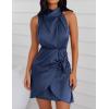 imageZESICA Womens 2025 Fashion Satin Sleeveless Halter Neck Tie Waist Wrap Bodycon Cocktail Party Mini DressNavy
