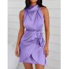 imageZESICA Womens 2025 Fashion Satin Sleeveless Halter Neck Tie Waist Wrap Bodycon Cocktail Party Mini DressPurple
