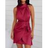 imageZESICA Womens 2025 Fashion Satin Sleeveless Halter Neck Tie Waist Wrap Bodycon Cocktail Party Mini DressRed