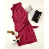 imageZESICA Womens 2025 Fashion Satin Sleeveless Halter Neck Tie Waist Wrap Bodycon Cocktail Party Mini DressRed