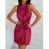 imageZESICA Womens 2025 Fashion Satin Sleeveless Halter Neck Tie Waist Wrap Bodycon Cocktail Party Mini DressRed