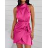imageZESICA Womens 2025 Fashion Satin Sleeveless Halter Neck Tie Waist Wrap Bodycon Cocktail Party Mini DressRose