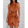 imageZESICA Womens 2025 Fashion Satin Sleeveless Halter Neck Tie Waist Wrap Bodycon Cocktail Party Mini DressRust