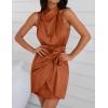 imageZESICA Womens 2025 Fashion Satin Sleeveless Halter Neck Tie Waist Wrap Bodycon Cocktail Party Mini DressRust