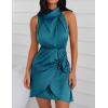 imageZESICA Womens 2025 Fashion Satin Sleeveless Halter Neck Tie Waist Wrap Bodycon Cocktail Party Mini DressTeal