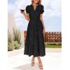 imageZESICA Womens 2025 Summer Puff Short Sleeve Midi Dress Floral V Neck Textured Ruffle Flowy Beach Party DressesBlack