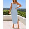 imageZESICA Womens 2025 Summer Strapless Bodycon Midi Dress Off Shoulder Strapless Side Slit Tube Long Club Party DressesLight Blue