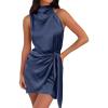 imageZESICA Womens 2025 Fashion Satin Sleeveless Halter Neck Tie Waist Wrap Bodycon Cocktail Party Mini DressNavy