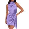 imageZESICA Womens 2025 Fashion Satin Sleeveless Halter Neck Tie Waist Wrap Bodycon Cocktail Party Mini DressPurple