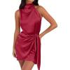 imageZESICA Womens 2025 Fashion Satin Sleeveless Halter Neck Tie Waist Wrap Bodycon Cocktail Party Mini DressRed