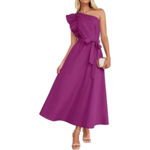 imageZESICA Womens 2025 Summer One Shoulder Ruffle Dress Sleeveless Empire Waist Boho Flowy Maxi DressesEggplant