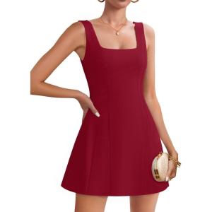 imageZESICA Womens 2025 Summer Sleeveless Tank Mini Dresses Square Neck A Line Flare Party Short DressRed