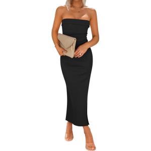 imageZESICA Womens 2025 Summer Strapless Bodycon Midi Dress Off Shoulder Strapless Side Slit Tube Long Club Party DressesBlack
