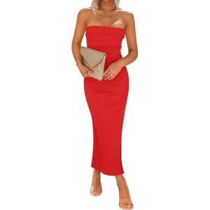 imageZESICA Womens 2025 Summer Strapless Bodycon Midi Dress Off Shoulder Strapless Side Slit Tube Long Club Party DressesWatermelon
