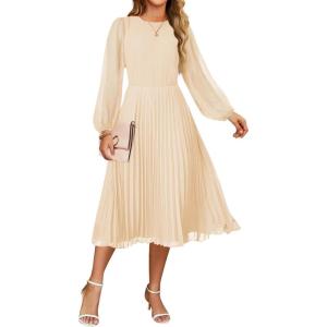 imageZESICA Womens Fall Long Sleeve Dresses 2025 Casual Crewneck Chiffon Swing Pleated A Line Cocktail Party Midi DressApricot