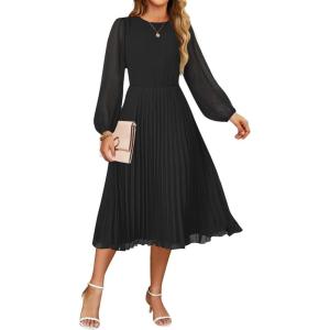 imageZESICA Womens Fall Long Sleeve Dresses 2025 Casual Crewneck Chiffon Swing Pleated A Line Cocktail Party Midi DressBlack