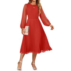 imageZESICA Womens Fall Long Sleeve Dresses 2025 Casual Crewneck Chiffon Swing Pleated A Line Cocktail Party Midi DressRed