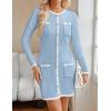 imageZESICA Fall Dresses for Women 2025 Long Sleeve Button Color Block Knit Bodycon Short Sweater Dresses with PocketsBlue