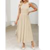 imageZESICA Womens 2025 Summer Sleeveless Midi Dresses Crewneck Knit Pleated A Line Swing Casual Basic Tank Long DressApricot