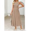 imageZESICA Womens 2025 Summer Sleeveless Midi Dresses Crewneck Knit Pleated A Line Swing Casual Basic Tank Long DressKhaki