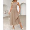 imageZESICA Womens 2025 Summer Sleeveless Midi Dresses Crewneck Knit Pleated A Line Swing Casual Basic Tank Long DressKhaki