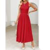 imageZESICA Womens 2025 Summer Sleeveless Midi Dresses Crewneck Knit Pleated A Line Swing Casual Basic Tank Long DressRed