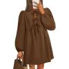 imageZESICA Womens Dress Fall Long Puff Sleeve Self Tie Front Babydoll A Line Pleated Cute Mini Tunic Dresses 2025Brown