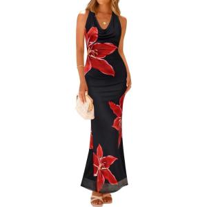 imageZESICA Womens 2025 Summer Bodycon Maxi Dress Sleeveless Halter Neck Floral Print Backless Wedding Guest Party Long DressesBlack