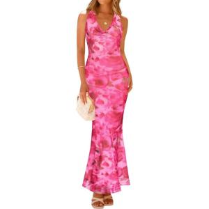 imageZESICA Womens 2025 Summer Bodycon Maxi Dress Sleeveless Halter Neck Floral Print Backless Wedding Guest Party Long DressesRosypink