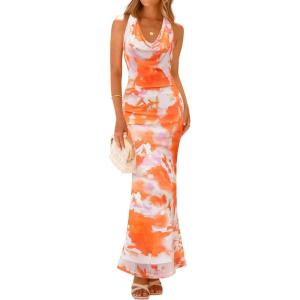 imageZESICA Womens 2025 Summer Bodycon Maxi Dress Sleeveless Halter Neck Floral Print Backless Wedding Guest Party Long DressesTangerine