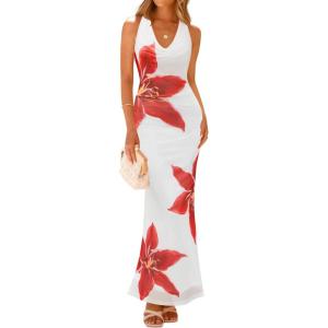 imageZESICA Womens 2025 Summer Bodycon Maxi Dress Sleeveless Halter Neck Floral Print Backless Wedding Guest Party Long DressesWhite