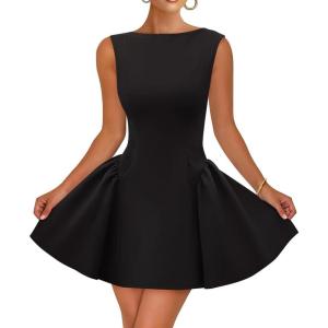 imageZESICA Womens 2025 Summer Sleeveless Cocktail Mini Dress Boat Neck Backless Swing A Line Wedding Club Party Short DressesBlack