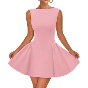 imageZESICA Womens 2025 Summer Sleeveless Cocktail Mini Dress Boat Neck Backless Swing A Line Wedding Club Party Short DressesPink