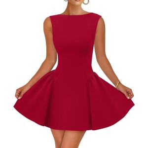 imageZESICA Womens 2025 Summer Sleeveless Cocktail Mini Dress Boat Neck Backless Swing A Line Wedding Club Party Short DressesRed