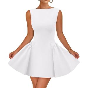 imageZESICA Womens 2025 Summer Sleeveless Cocktail Mini Dress Boat Neck Backless Swing A Line Wedding Club Party Short DressesWhite