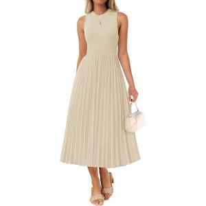 imageZESICA Womens 2025 Summer Sleeveless Midi Dresses Crewneck Knit Pleated A Line Swing Casual Basic Tank Long DressApricot