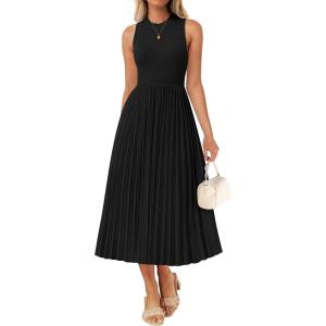 imageZESICA Womens 2025 Summer Sleeveless Midi Dresses Crewneck Knit Pleated A Line Swing Casual Basic Tank Long DressBlack