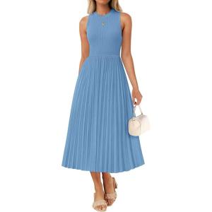 imageZESICA Womens 2025 Summer Sleeveless Midi Dresses Crewneck Knit Pleated A Line Swing Casual Basic Tank Long DressDusty Blue