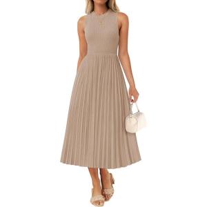 imageZESICA Womens 2025 Summer Sleeveless Midi Dresses Crewneck Knit Pleated A Line Swing Casual Basic Tank Long DressKhaki