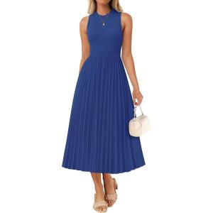 imageZESICA Womens 2025 Summer Sleeveless Midi Dresses Crewneck Knit Pleated A Line Swing Casual Basic Tank Long DressNavy