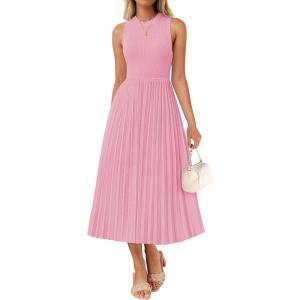 imageZESICA Womens 2025 Summer Sleeveless Midi Dresses Crewneck Knit Pleated A Line Swing Casual Basic Tank Long DressPink