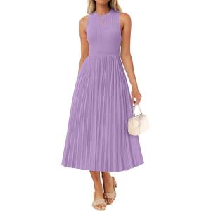 imageZESICA Womens 2025 Summer Sleeveless Midi Dresses Crewneck Knit Pleated A Line Swing Casual Basic Tank Long DressPurple