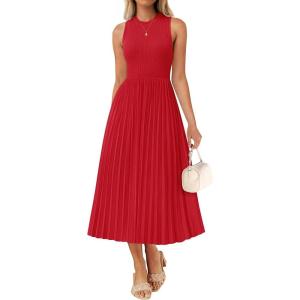 imageZESICA Womens 2025 Summer Sleeveless Midi Dresses Crewneck Knit Pleated A Line Swing Casual Basic Tank Long DressRed