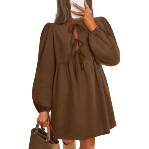 imageZESICA Womens Dress Fall Long Puff Sleeve Self Tie Front Babydoll A Line Pleated Cute Mini Tunic Dresses 2025Brown