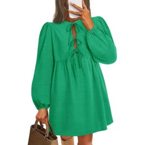 imageZESICA Womens Dress Fall Long Puff Sleeve Self Tie Front Babydoll A Line Pleated Cute Mini Tunic Dresses 2025Green