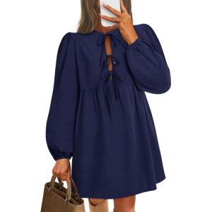 imageZESICA Womens Dress Fall Long Puff Sleeve Self Tie Front Babydoll A Line Pleated Cute Mini Tunic Dresses 2025Navy