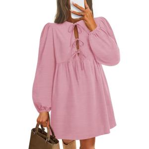 imageZESICA Womens Dress Fall Long Puff Sleeve Self Tie Front Babydoll A Line Pleated Cute Mini Tunic Dresses 2025Pink