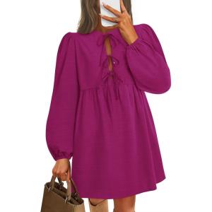 imageZESICA Womens Dress Fall Long Puff Sleeve Self Tie Front Babydoll A Line Pleated Cute Mini Tunic Dresses 2025Plum