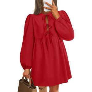 imageZESICA Womens Dress Fall Long Puff Sleeve Self Tie Front Babydoll A Line Pleated Cute Mini Tunic Dresses 2025Red