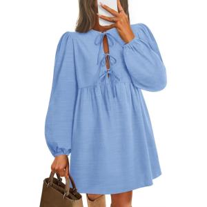 imageZESICA Womens Dress Fall Long Puff Sleeve Self Tie Front Babydoll A Line Pleated Cute Mini Tunic Dresses 2025Sky